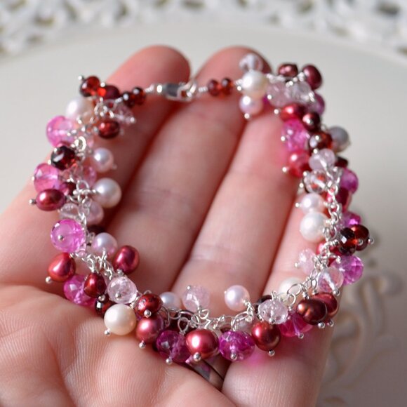 Valentine's Day Cluster Bracelet with Pearls Garnets and Morganite - Picture 5 of 5